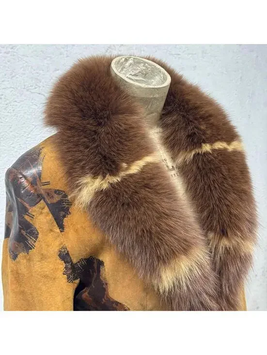 Vintage Y2K Brown Genuine Leather & Fox Fur Jacket - Picture 3 of 8